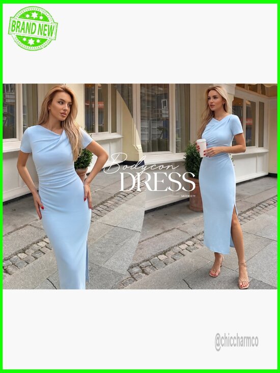 Ruched Maxi Dress Short Sleeve Side Slit Formal Cocktail Wedding Guest - Picture 7 of 7